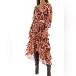 Allison New York terracotta ikat ruffle Gemini long sleeve maxi dress sz S NWT